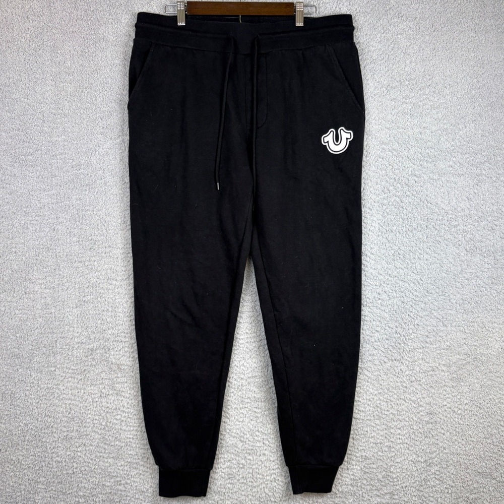 True Religion Sweatpants Men Large Black Horseshoe Fleece Streetwear Y2K Joggers